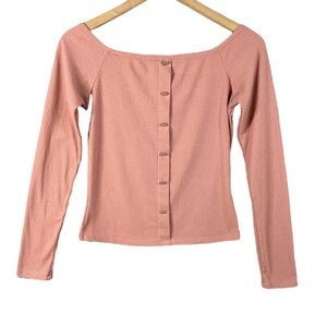 Women’s Ambiance Long Sleeve Salmon Pink Stretch Crop Top Size Large